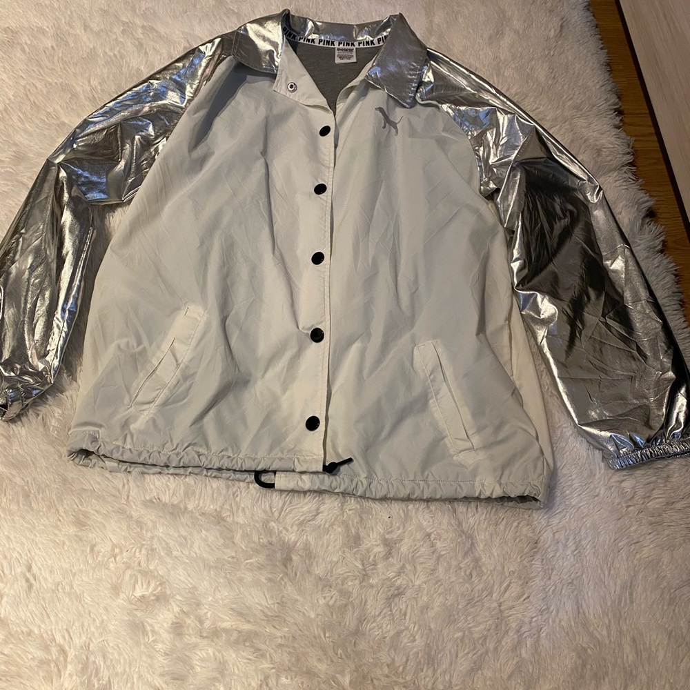 Silver & white metallic button up PINK jacket